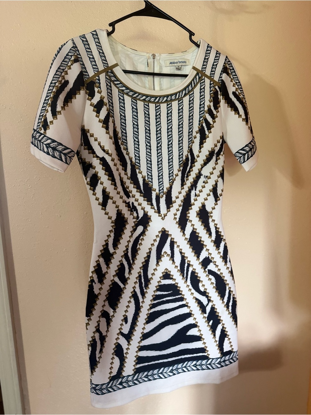 Jealous Tomato White Navy and Gold Tribal-Stripe Mini Dress